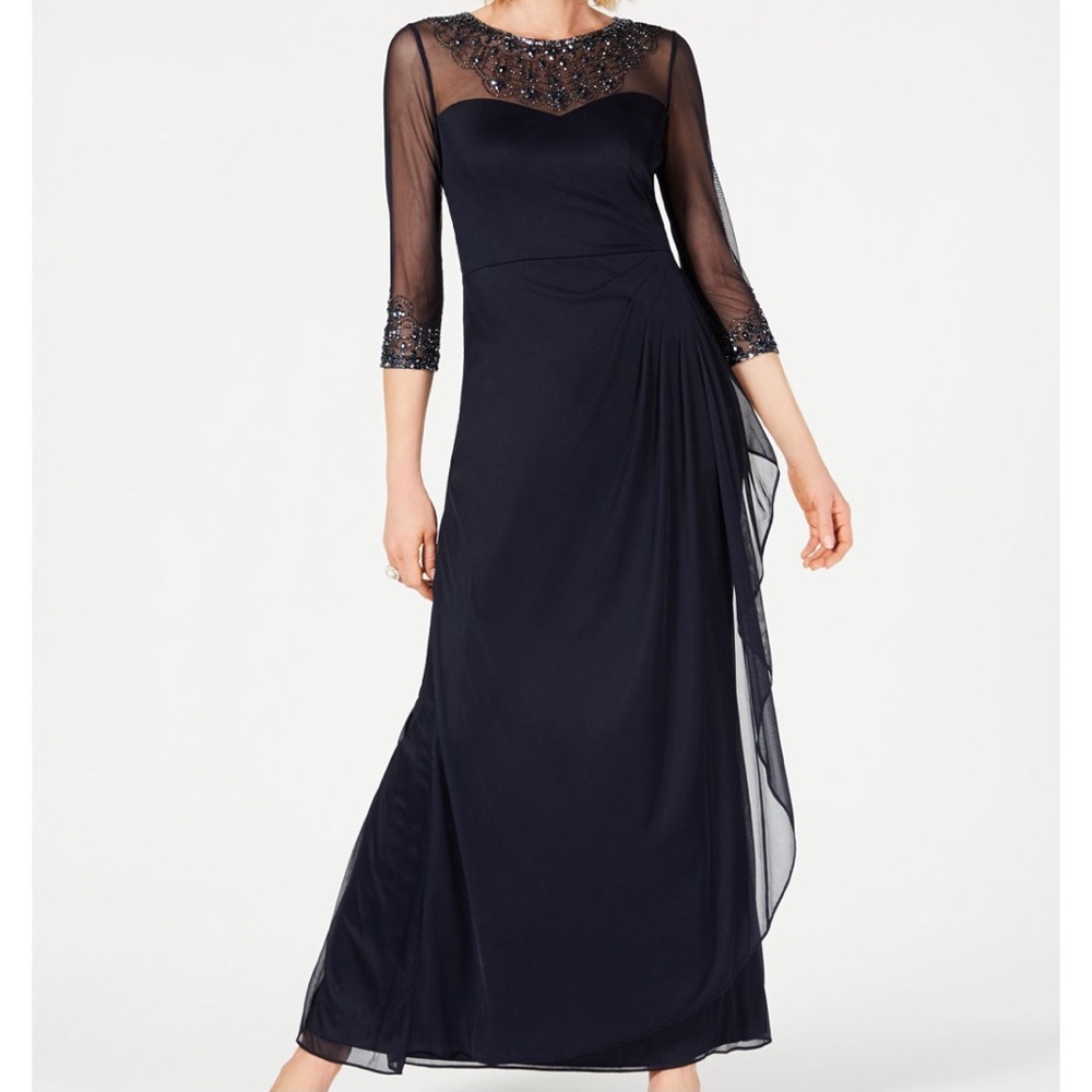 A-Line Mesh Gown with Beaded Illusion Neckline